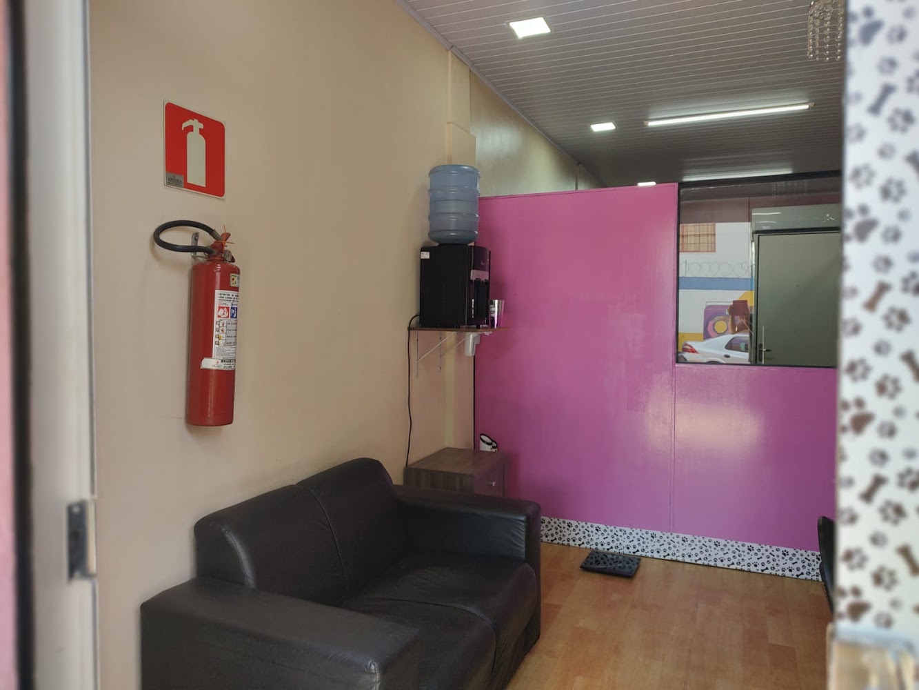 Recepção do Pet Pink com sofá preto, bebedouro de água, parede rosa e faixa decorativa de patinhas